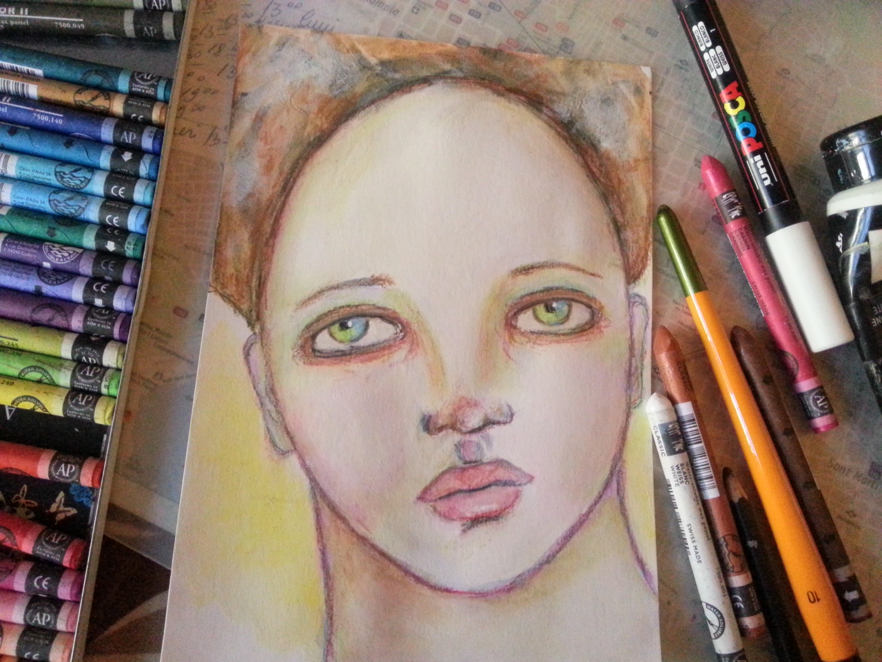 Whimsical face on loose Mixed Media paper