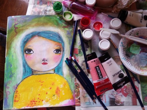 Acrylic Painting - blue hair little girl by Cristina Parus @ creativemag.ro