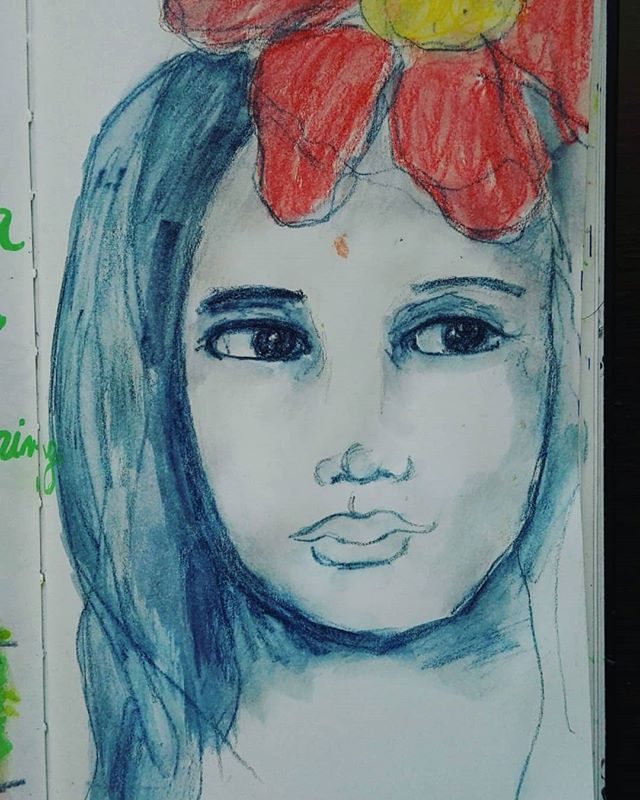Blue inktense sketch face of quoted pages