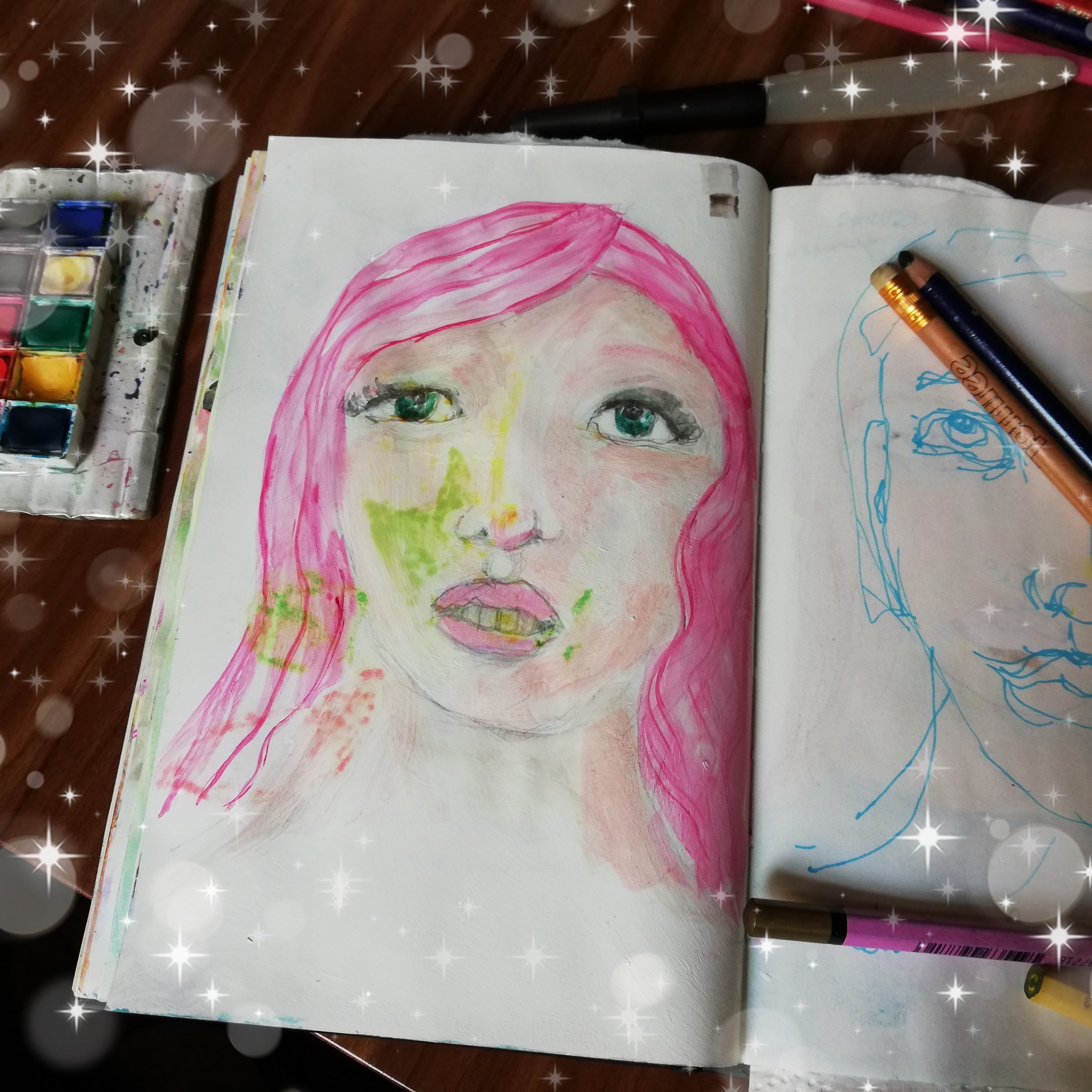 Whimsical face with pink hair